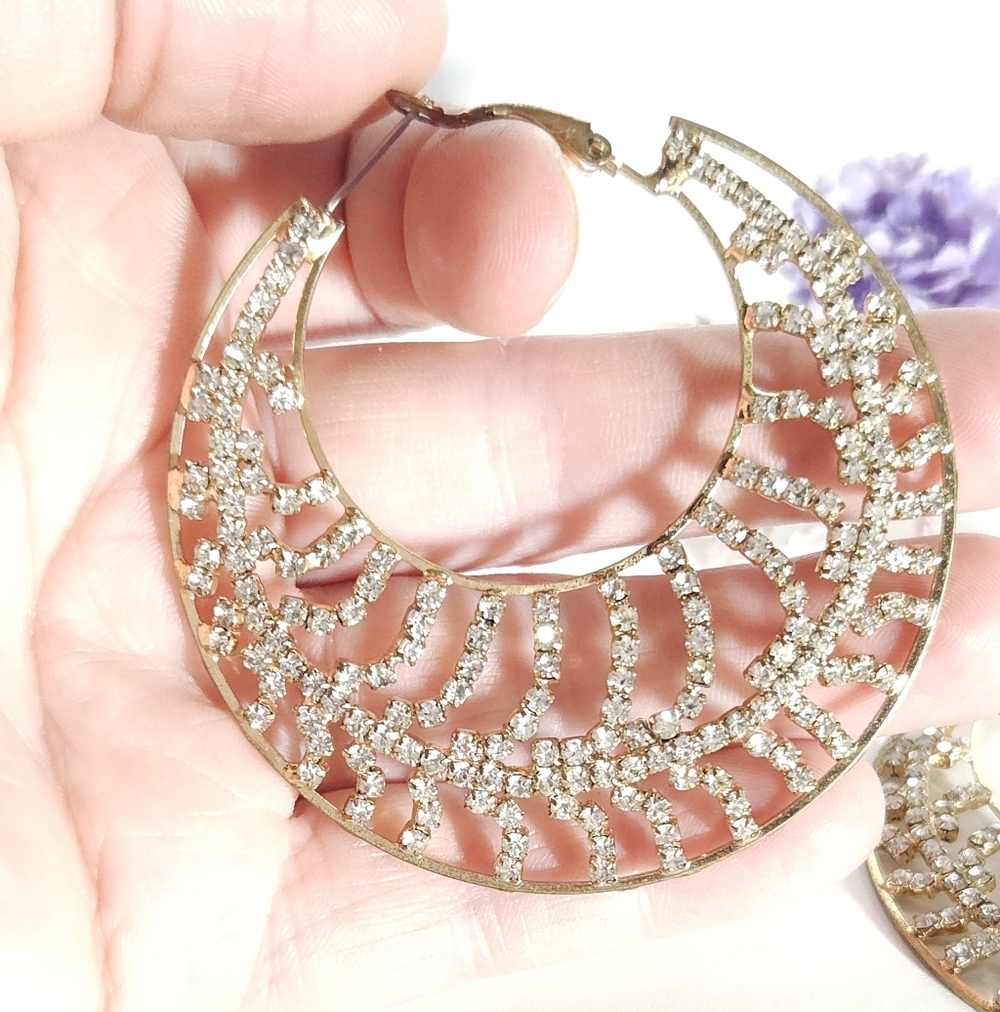 Gold Tone Crystal Hoop Earrings Large Crystal Statement Hoop Earrings - Picture 10 of 14